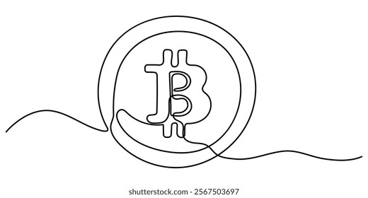 Continuous Line Drawing of Bitcoin Icon. Hand Drawn Symbol Vector Illustration, Continuous line drawing of bitcoin cryptocurrency silhouette. Blockchain, finance and banking technology concept drawn. 