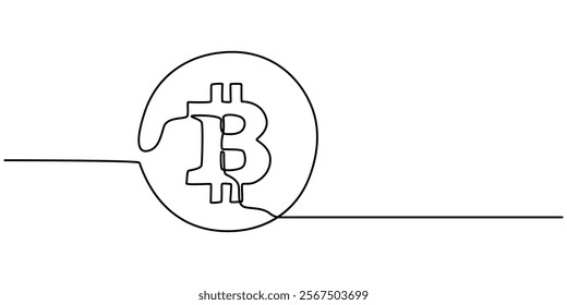 Continuous Line Drawing of Bitcoin Icon. Hand Drawn Symbol Vector Illustration, Continuous line drawing of bitcoin cryptocurrency silhouette. Blockchain, finance and banking technology concept drawn. 