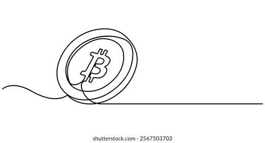 Continuous Line Drawing of Bitcoin Icon. Hand Drawn Symbol Vector Illustration, Continuous line drawing of bitcoin cryptocurrency silhouette. Blockchain, finance and banking technology concept drawn. 