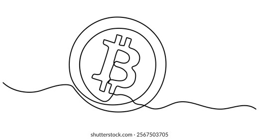 Continuous Line Drawing of Bitcoin Icon. Hand Drawn Symbol Vector Illustration, Continuous line drawing of bitcoin cryptocurrency silhouette. Blockchain, finance and banking technology concept drawn. 