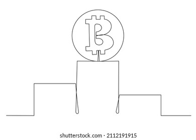 Dibujo continuo de la señal de bitcoin en un pedestal. Para el diseño de materiales, redes sociales y banners. Ilustración vectorial.