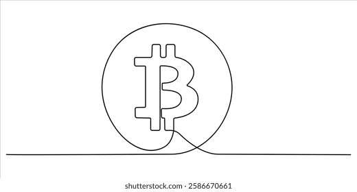 Continuous line drawing bitcoin sign. Cryptocurrency concept, bitcoin in linear style. Vector doodle illustration on white background.