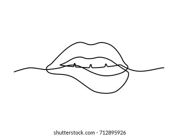 Continuous line drawing of biting lips on white background. Vector illustration.