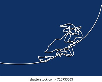 Continuous line drawing of black halloween witch on broom. Vector illustration