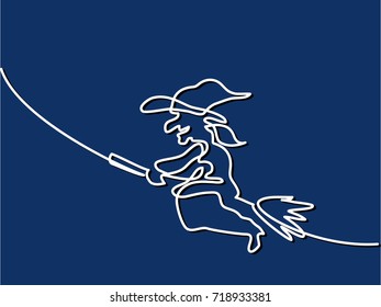 Continuous line drawing of black halloween witch on broom. Vector illustration