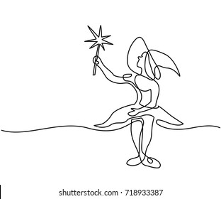 Continuous Line Drawing Of Black Halloween Witch With Magic Wand. Vector Illustration