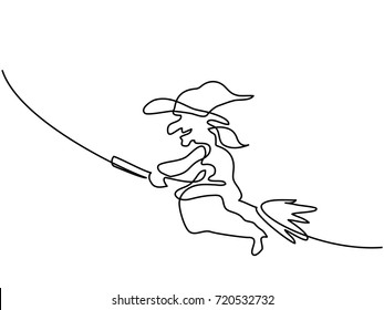 Continuous line drawing of black halloween witch on broom. Vector illustration