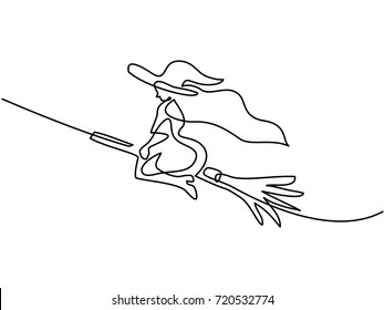 Continuous Line Drawing Of Black Halloween Witch On Broom. Vector Illustration