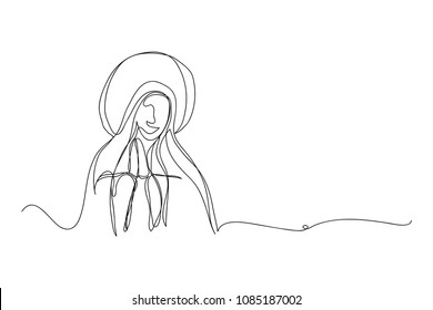 continuous line drawing of Blessed Virgin Mary Christianity vector illustration.