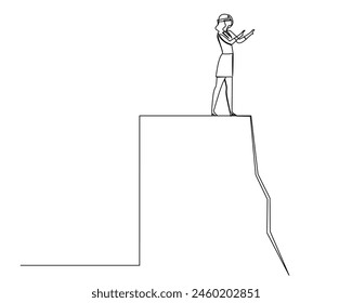 Continuous line drawing of  blind businesswoman who almost fell into a ravine. Business growth concept. Design vector illustration
