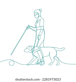 Continuous line drawing of blind person with a guide dog. Pet care and friendship concept. Professional guide dog one line drawing.