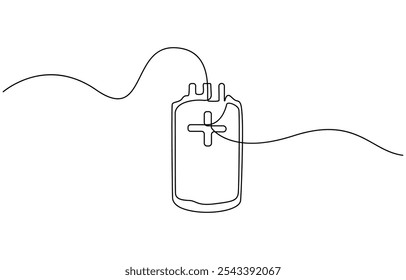 Dibujo continuo de la línea de la bolsa de sangre. Dibujo de una línea de la bolsa de transfusión de sangre médica. Ilustración vectorial de una sola línea de suministro de sangre en el hospital, Día Mundial del Donante de Sangre. Una sola línea continua