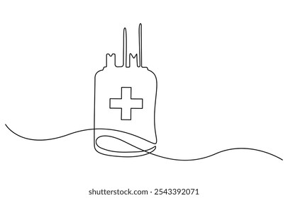 desenho de linha contínua de saco de sangue.one desenho de linha de saco de transfusão de sangue médico. Ilustração de vetor de linha única do suprimento de sangue no hospital, Dia Mundial do Doador de Sangue. Uma linha única contínua