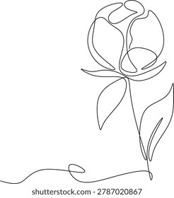 Continuous line drawing of blooming flower with leaves. Minimalistic freehand vector illustration in trendy outline style, isolated on white background. Elegant botanical artwork with modern floral aesthetic. Hand drawn without artificial intelligence