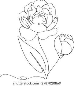 Continuous line drawing of blooming flower with leaves. Minimalistic freehand vector illustration in trendy outline style, isolated on white background. Elegant botanical artwork with modern floral aesthetic. Hand drawn without artificial intelligence