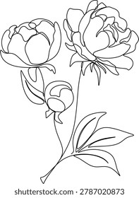 Continuous line drawing of blooming flower with leaves. Minimalistic freehand vector illustration in trendy outline style, isolated on white background. Elegant botanical artwork with modern floral aesthetic. Hand drawn without artificial intelligence