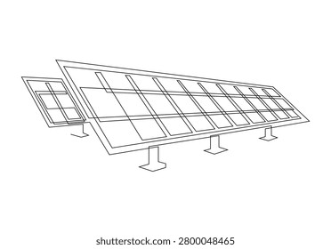 Continuous line drawing of blue solar panels on a white background, representing renewable energy and sustainable technology