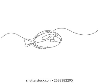 Continuous line drawing of blue tang fish. Single line illustration of surgeonfish animal. Underwater concept. Editable outline