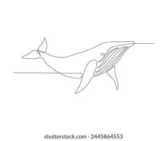 Continuous line drawing of blue whale fish. One line of swimming blue whale. Marine animal concept continuous line art. Editable outline.