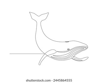 Continuous line drawing of blue whale fish. One line of swimming blue whale. Marine animal concept continuous line art. Editable outline.