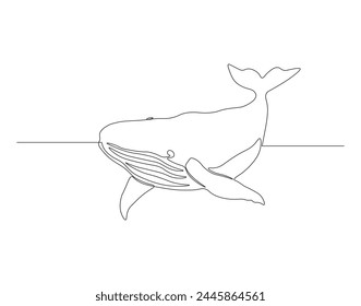 Continuous line drawing of blue whale fish. One line of swimming blue whale. Marine animal concept continuous line art. Editable outline.