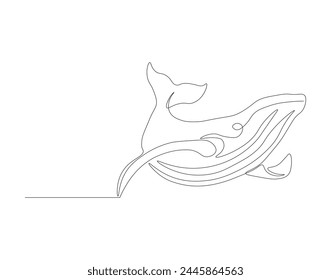 Continuous line drawing of blue whale fish. One line of swimming blue whale. Marine animal concept continuous line art. Editable outline.