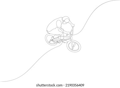 Continuous line drawing of BMX bicycle rider does flying on the air trick at skatepark. Extreme sport concept. Vector illustration.