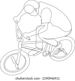 Continuous line drawing of BMX bicycle rider does flying on the air trick at skatepark. Extreme sport concept. Vector illustration.