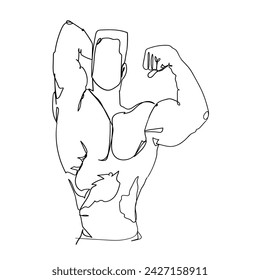 Línea Continua Dibujo Bodybuilder Hombre Fuerte. Hombre Concepto Modelo Fitness. Ilustración Icono Vector 