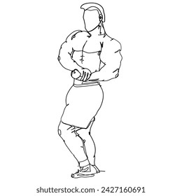 Línea Continua Dibujo Bodybuilder Hombre Fuerte. Hombre Concepto Modelo Fitness. Ilustración Icono Vector