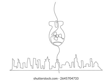 Dibujo continuo de una bomba cayendo sobre el horizonte de la ciudad, que simboliza la fragilidad de la paz urbana y la amenaza de destrucción que se avecina. Trazo editable de Vector