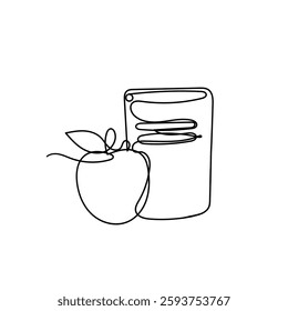 continuous line drawing book and apple illustration