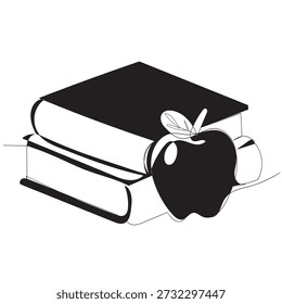 continuous line drawing book and apple illustration