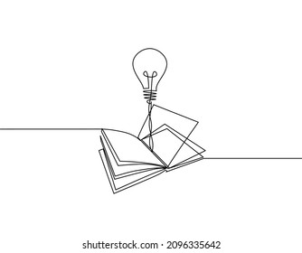 Continuous line drawing of book and bulb icon, object one line, single line art, vector illustration