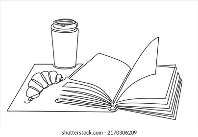 Durchgehende Linienzeichnung von Buch und Kaffee und Croissant , Vektorgrafik, eine Linie