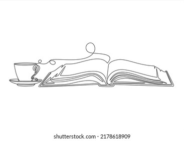 Continuous line drawing of book and coffee, vector illustration, one line