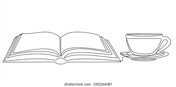 Durchgehende Linienzeichnung von Buch und Kaffee oder Tee, Vektorgrafik, eine Zeile