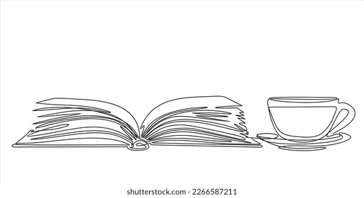 Durchgehende Linienzeichnung von Buch und Kaffee, Vektorgrafik, eine Linie