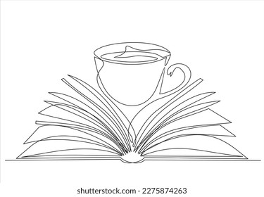 Continuous line drawing of book and coffee, vector illustration, one line