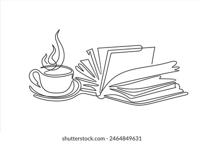 Dibujo de línea continua de libro y café, Ilustración vectorial, una línea