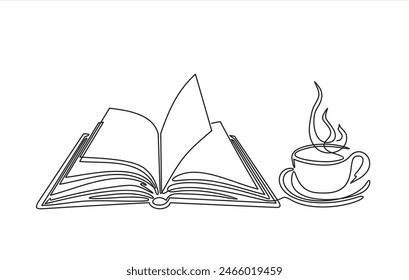 Continuous line drawing of book and coffee, vector illustration, one line