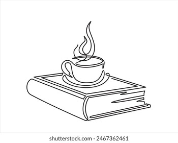 Continuous line drawing of book and coffee, vector illustration, one line