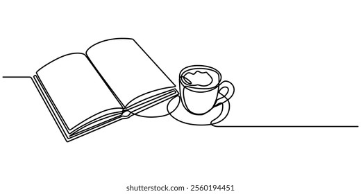 Continuous line drawing of book and coffee, vector illustration, one line, Continuous single line drawing of open book and cup of coffee or tea at work desk. One line notebook with drink. Concept .