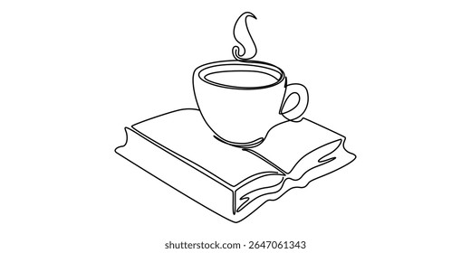 Continuous line drawing of book and coffee, vector illustration, one line, Continuous line drawing of book and coffee, vector illustration, one line, Continuous drawing of open book