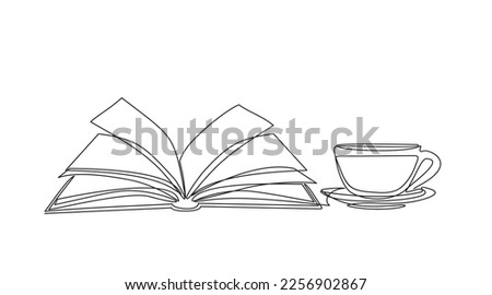 Continuous line drawing of book and coffee or tea, vector illustration, one line