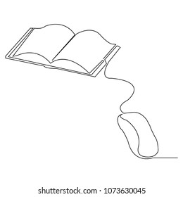 Continuous line drawing of a book connected to a mouse. Educational concept and technology vector illustration