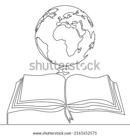 Continuous line drawing Book and globe Earth planet concept