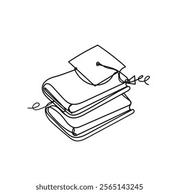 continuous line drawing book and graduation hat illustration