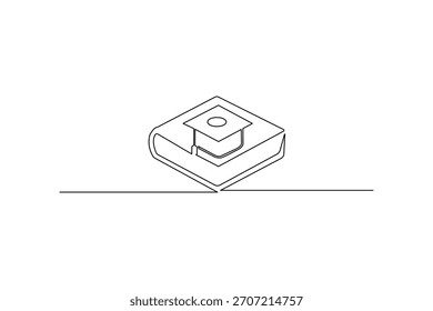 Desenho de linha contínua de um livro e um símbolo de tampa de graduação