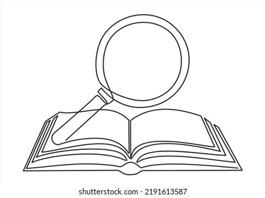 Continuous line drawing of book and magnifying glass, vector illustration, one line
